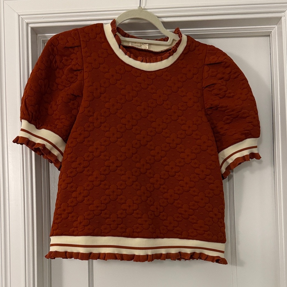 Entro Burnt Orange with Cream Trim Textured Blouse